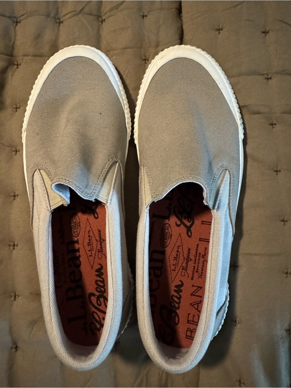 L.L. Bean Men's Slip-On sneakers.  Light khaki/grey
